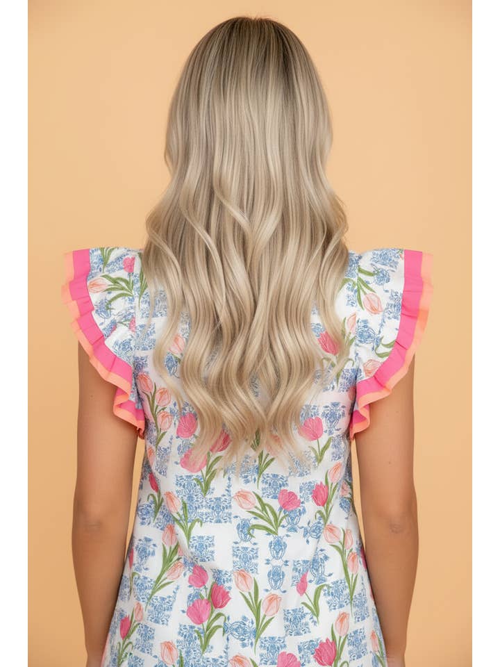 PRETTY BASH Floral Colorblock Flutter Sleeve Blouse
