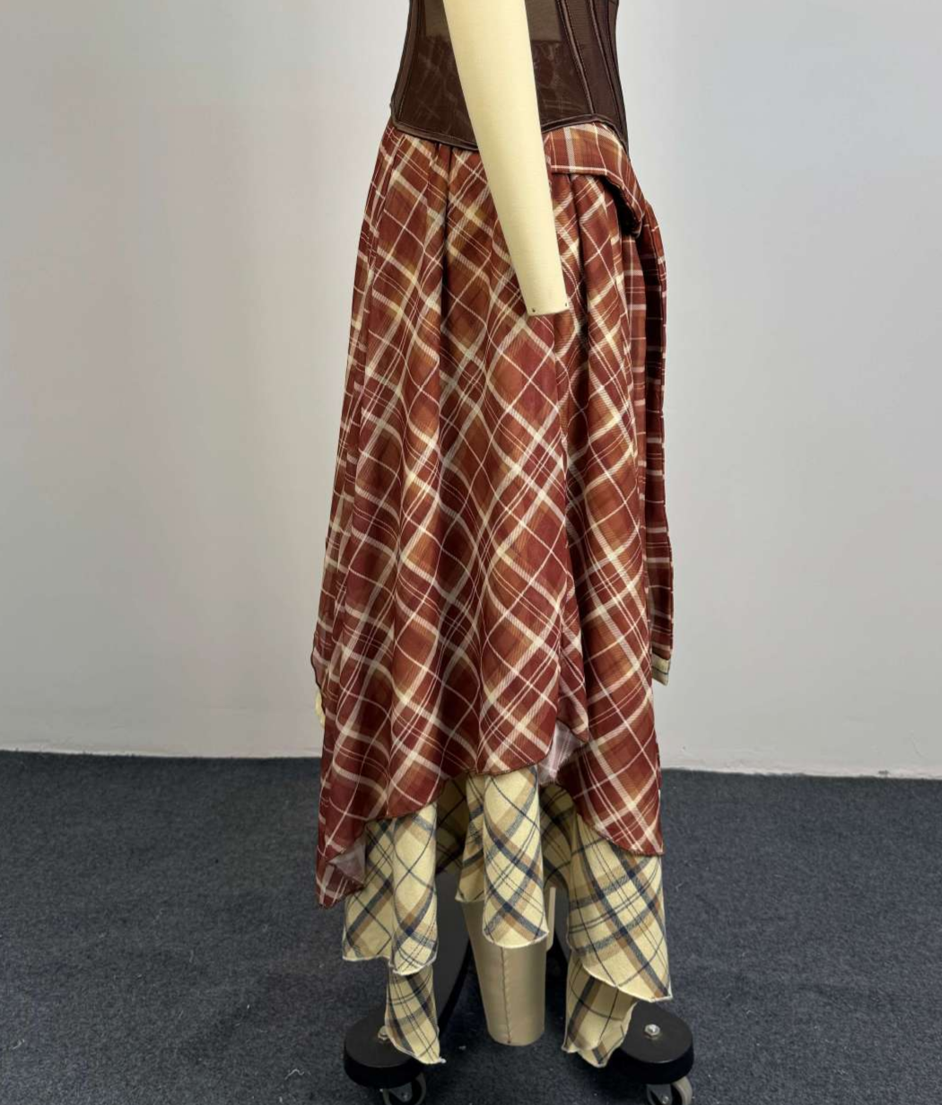 Preppy Plaid Maxi Skirt Dual-Layer Tartan Irregular Skirt