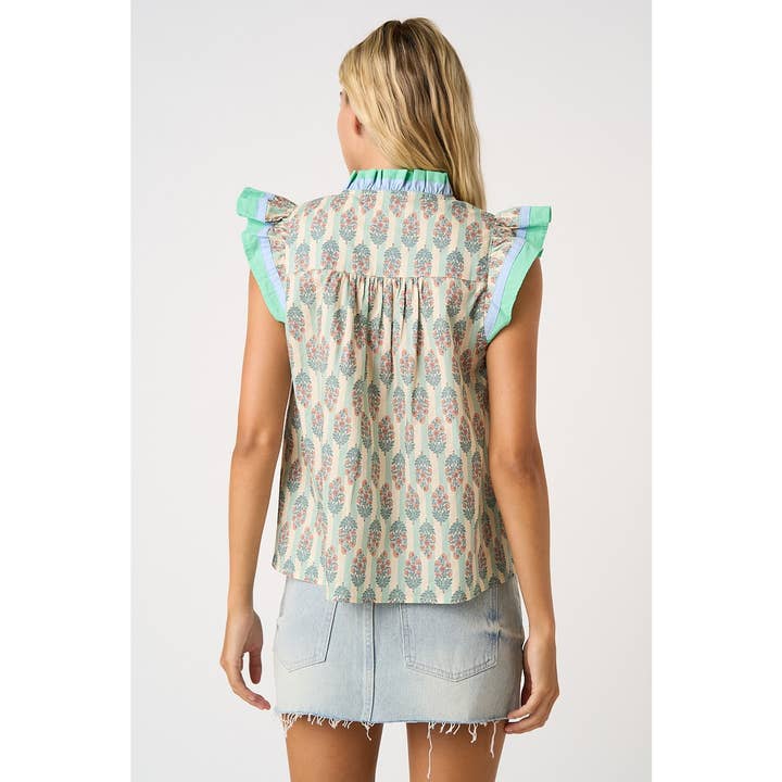 Contrast Striped Floral Print Ruffle Sleeve Top