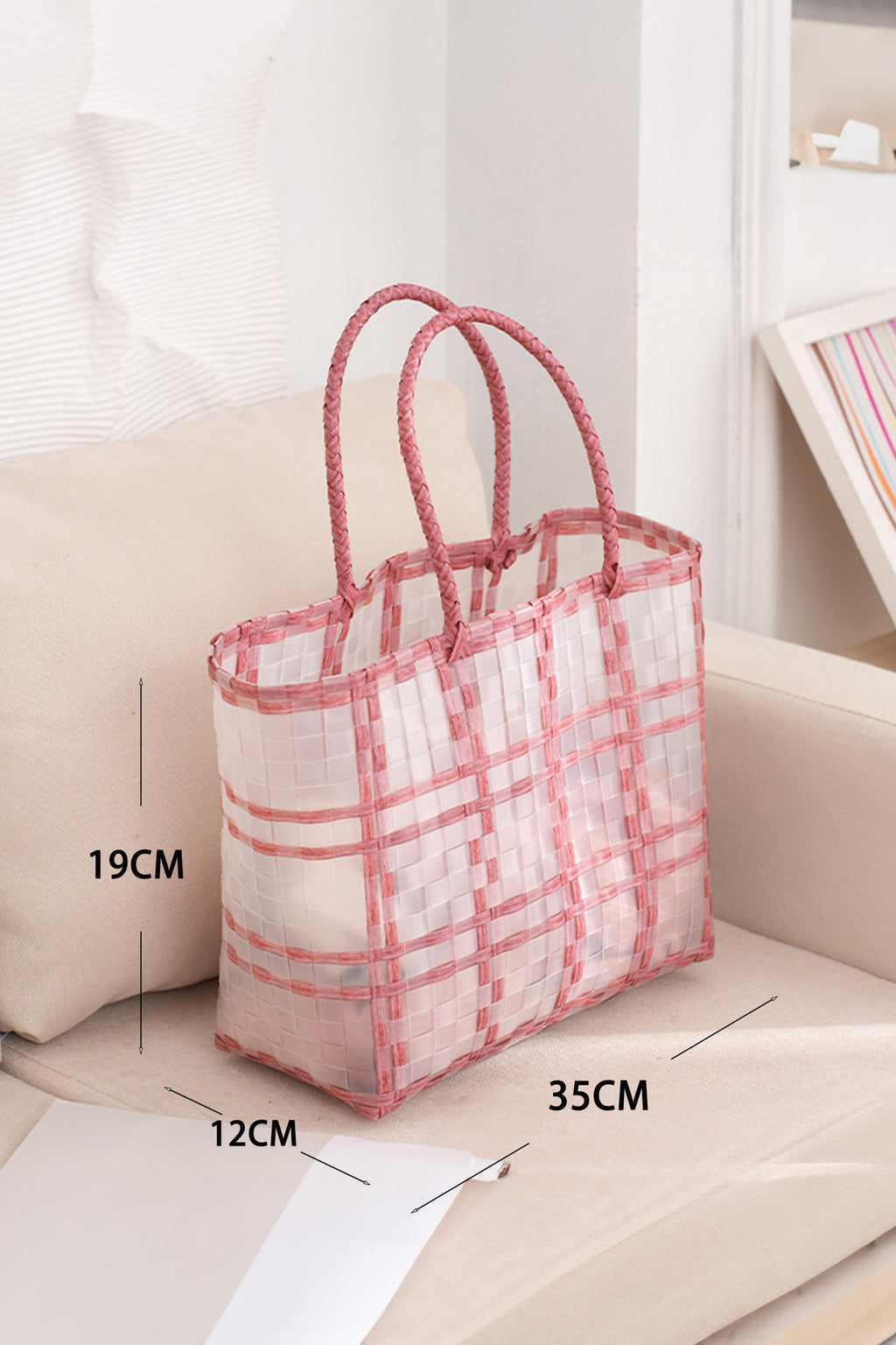 Pink Transparent PVC Woven Boho Style Tote Bag 35x19x12cm