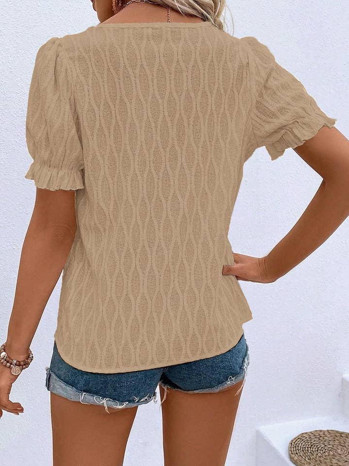 Jacquard V-Neck Puff Sleeve Blouse