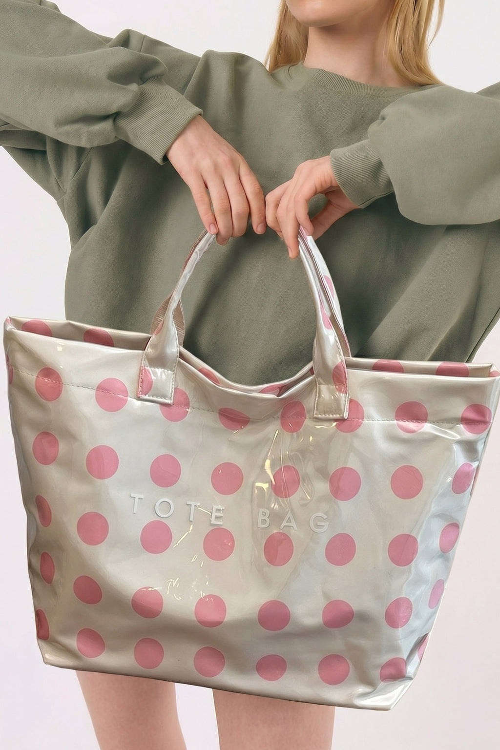 Light Pink Polka Dot Durable Waterproof PVC Tote Bag