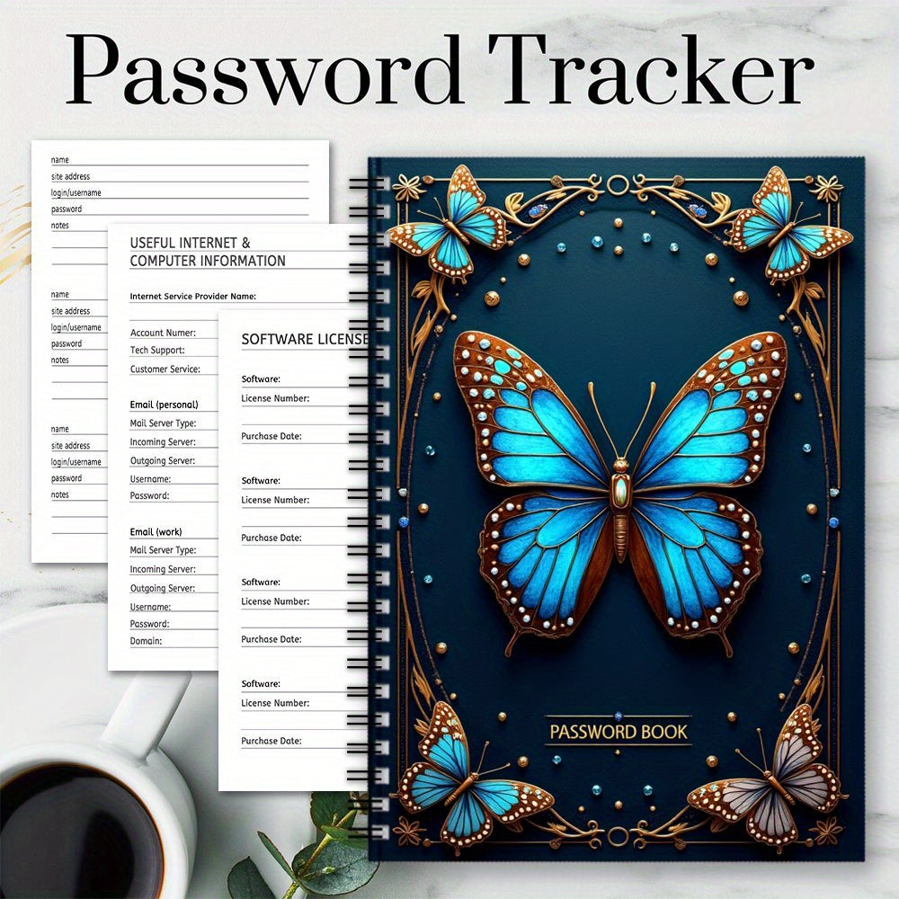 70-Sheet Spiral Password Notebook, Elegant Blue And Brown Butterfly Design - Golden Accents, Floral Patterns, And Beaded Border - Ideal for Home Or Office Password Management