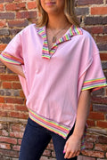 Rainbow Stripe Ribbed Patchwork Raw Seam Oversize Polo Tee