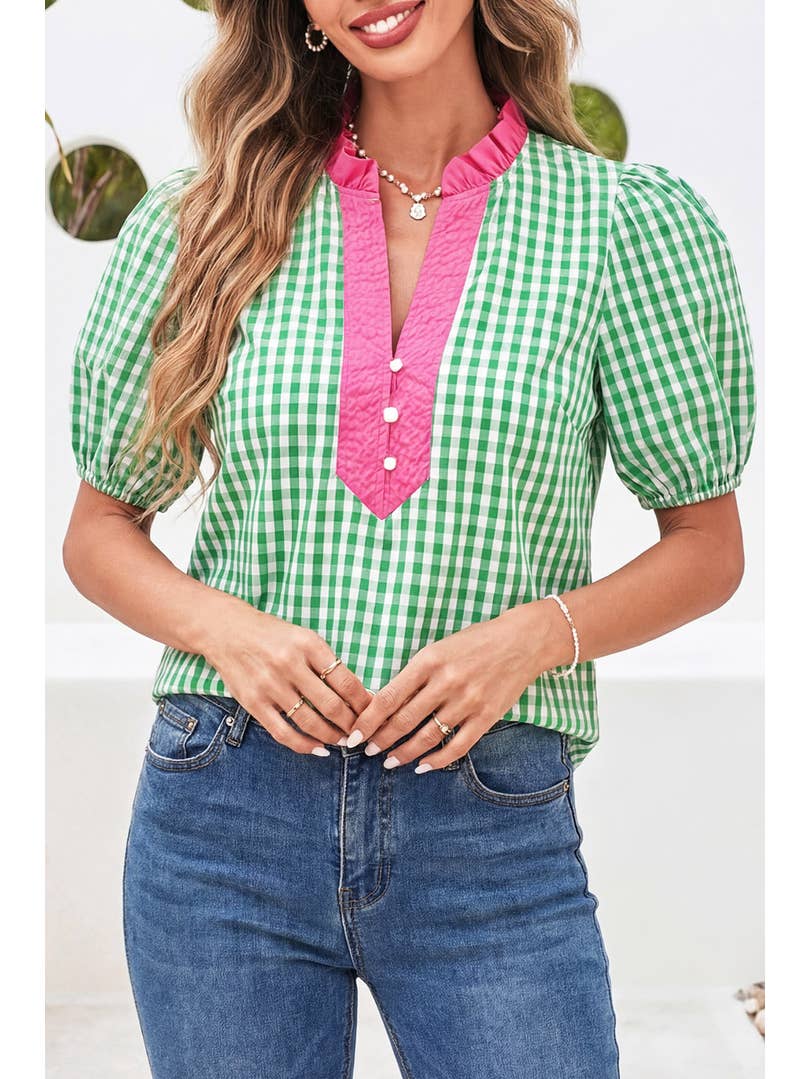 Ldc Gingham Plaid Bubble Sleeve Colorblock Trim Blouse