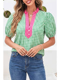 Ldc Gingham Plaid Bubble Sleeve Colorblock Trim Blouse