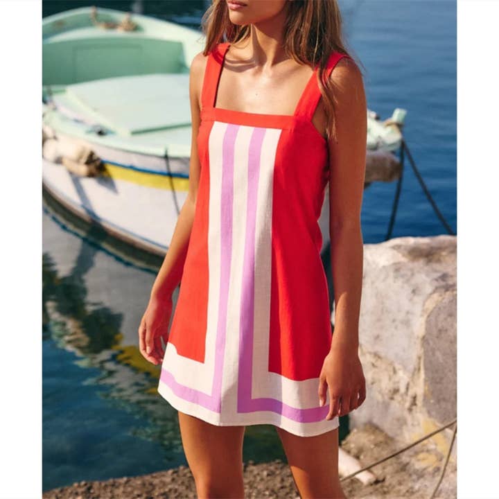 Vacation Contrast Stripe Square Neck Mini Tank Dress
