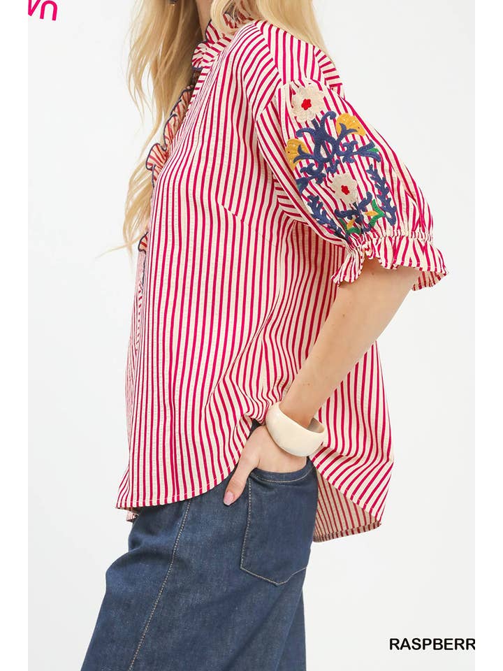 Embroidered Ruffle Trim Stripe Blouse