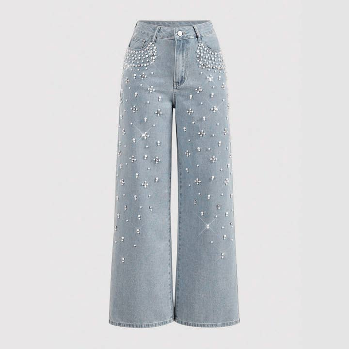 Rhinestone Shiny Pearl Straight Jeans