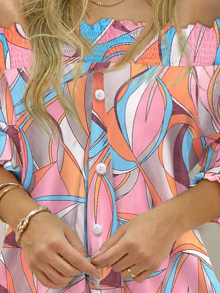 Colorful Off Shoulder Abstract Print Long Sleeve Shirt Dress