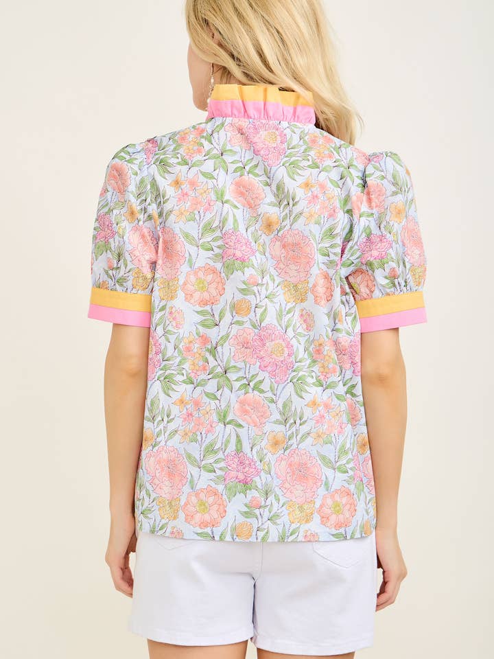 TD2216-01T Contrast Ruffle Neck Floral Printed Top