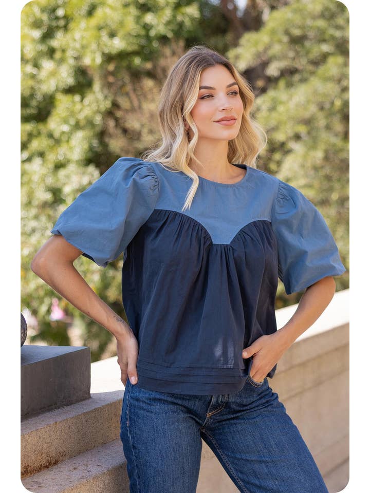 Color Block Pin-Tuck Detail Poplin Top