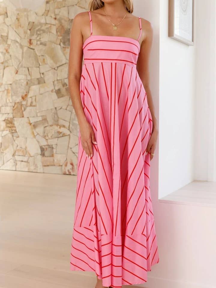 Striped Print High-Waist Flared Vacation Dress