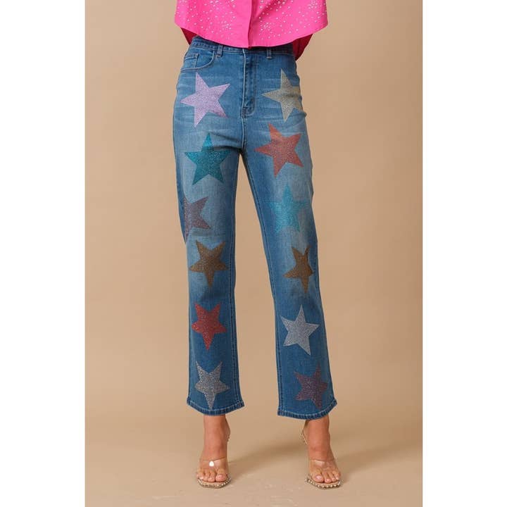 Star Rhinestone Embellishment Straight Leg Jeans