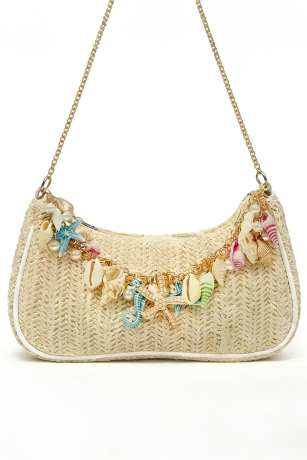Khaki Boho Woven Shell Charm Detail Bag Metal Chain Bag