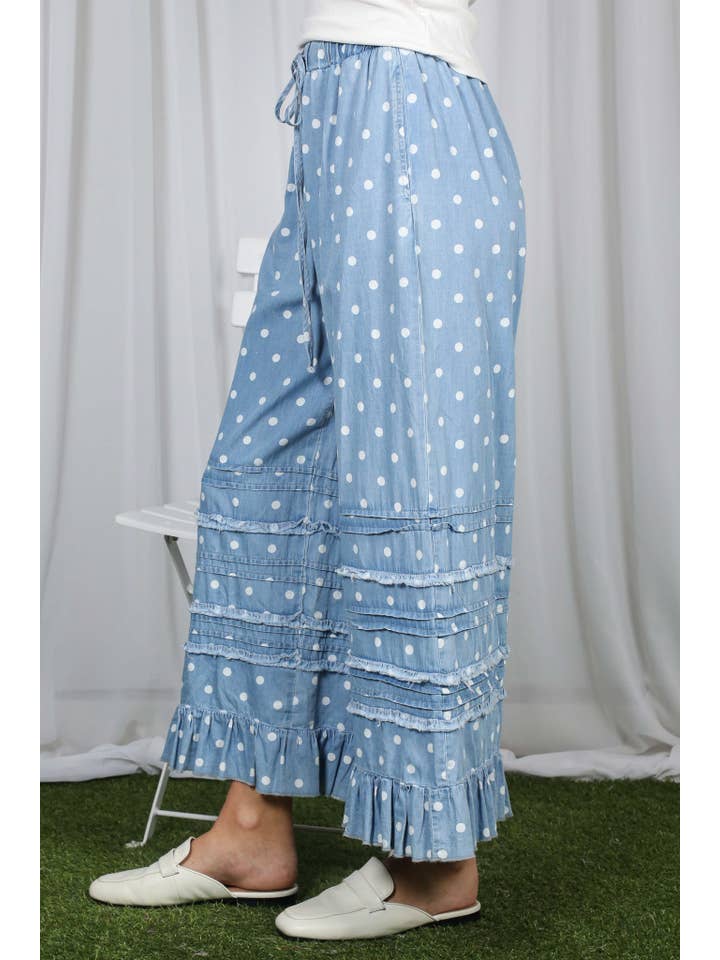 Polka Dot Flared Ruffle 100%Cotton Crop Denim Pants VP83039A
