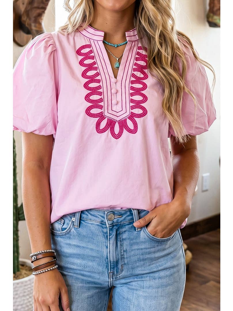 Western Casual V Neck Embroidery Short Sleeve Blouse