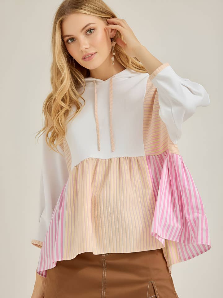 TR2181-01T French Terry Knit and Stripe Mixed Hoodie Top