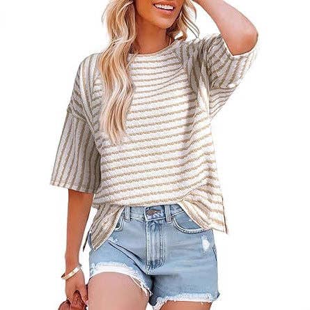 2026 Women Striped Color Block Short Sleeve T-Shirt