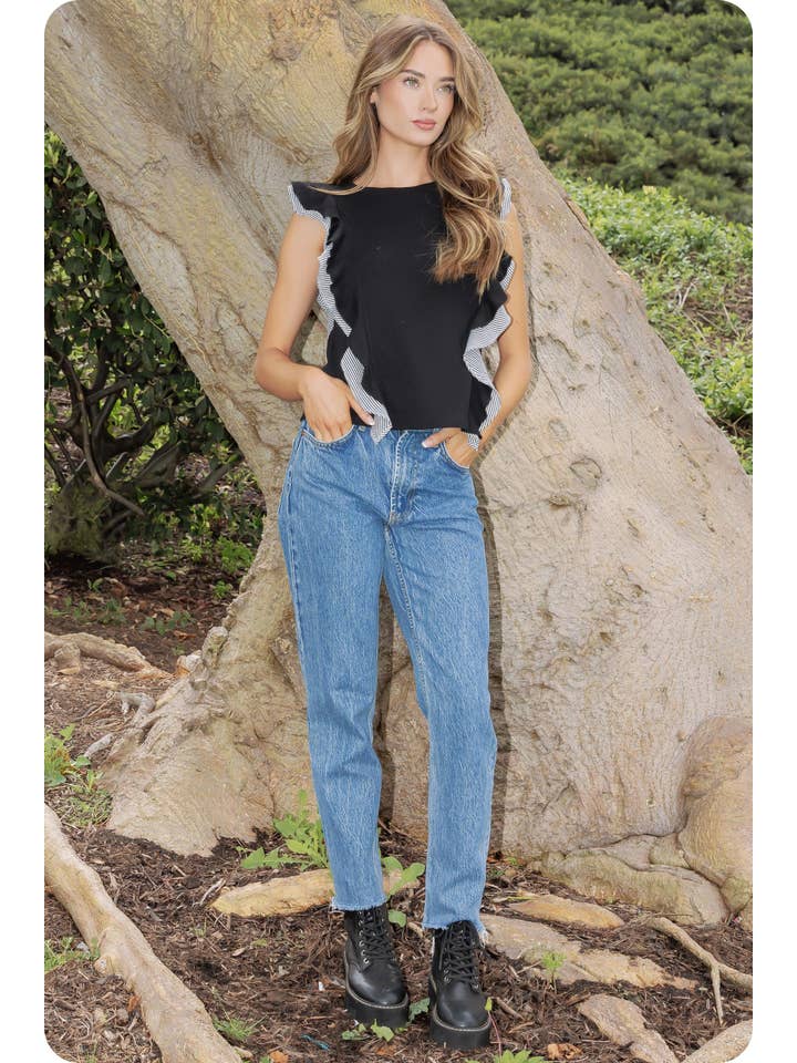Mixed Media Ruffled Ribbed Knit Top