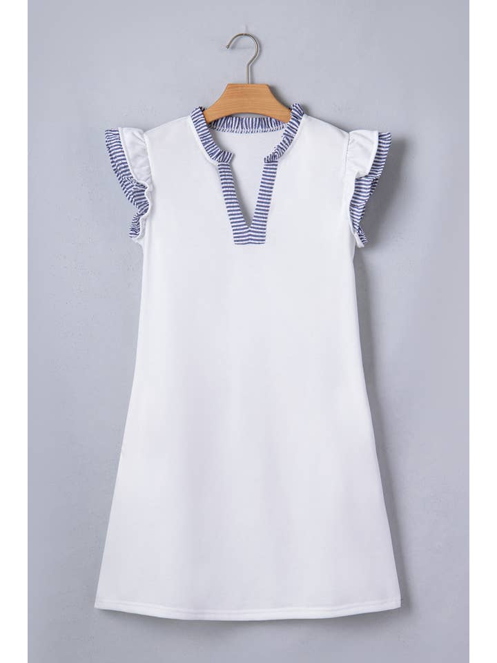 Ldc Striped Patchwork Split Neck Ruffle Trim Dress