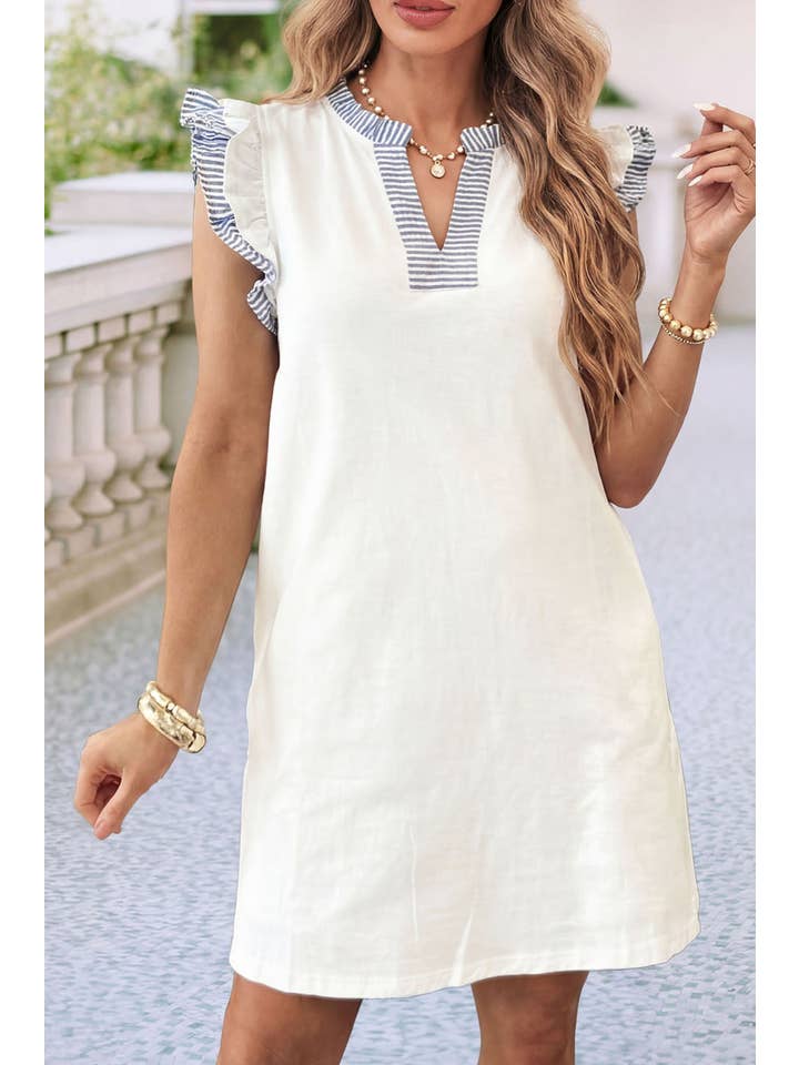 Ldc Striped Patchwork Split Neck Ruffle Trim Dress