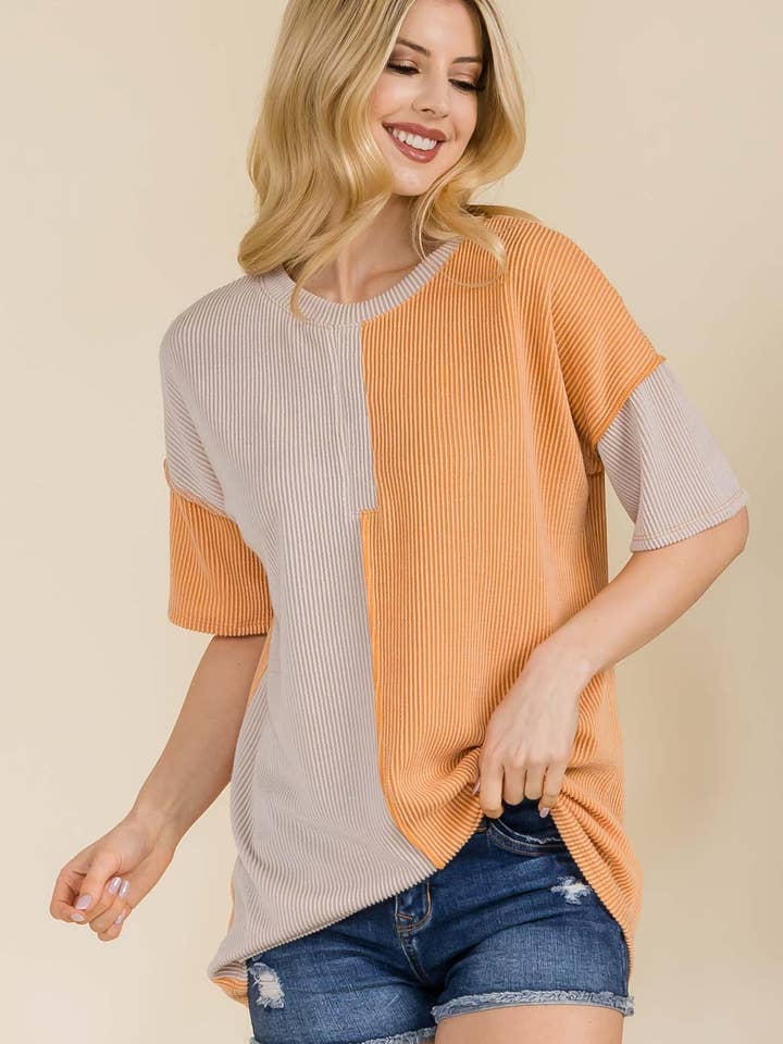 Plus Size Urban Rib Contrast Round Neck Top -CT33877-PL