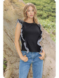 Mixed Media Ruffled Ribbed Knit Top