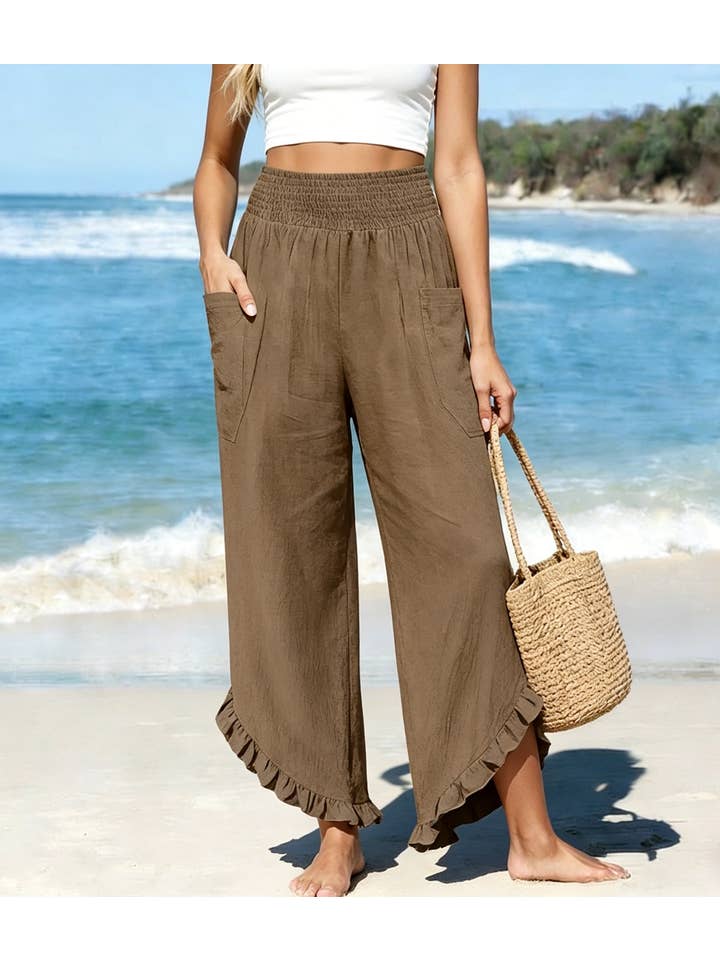 Beach Smocked Waist Ruffle Hem Wide Leg Pants