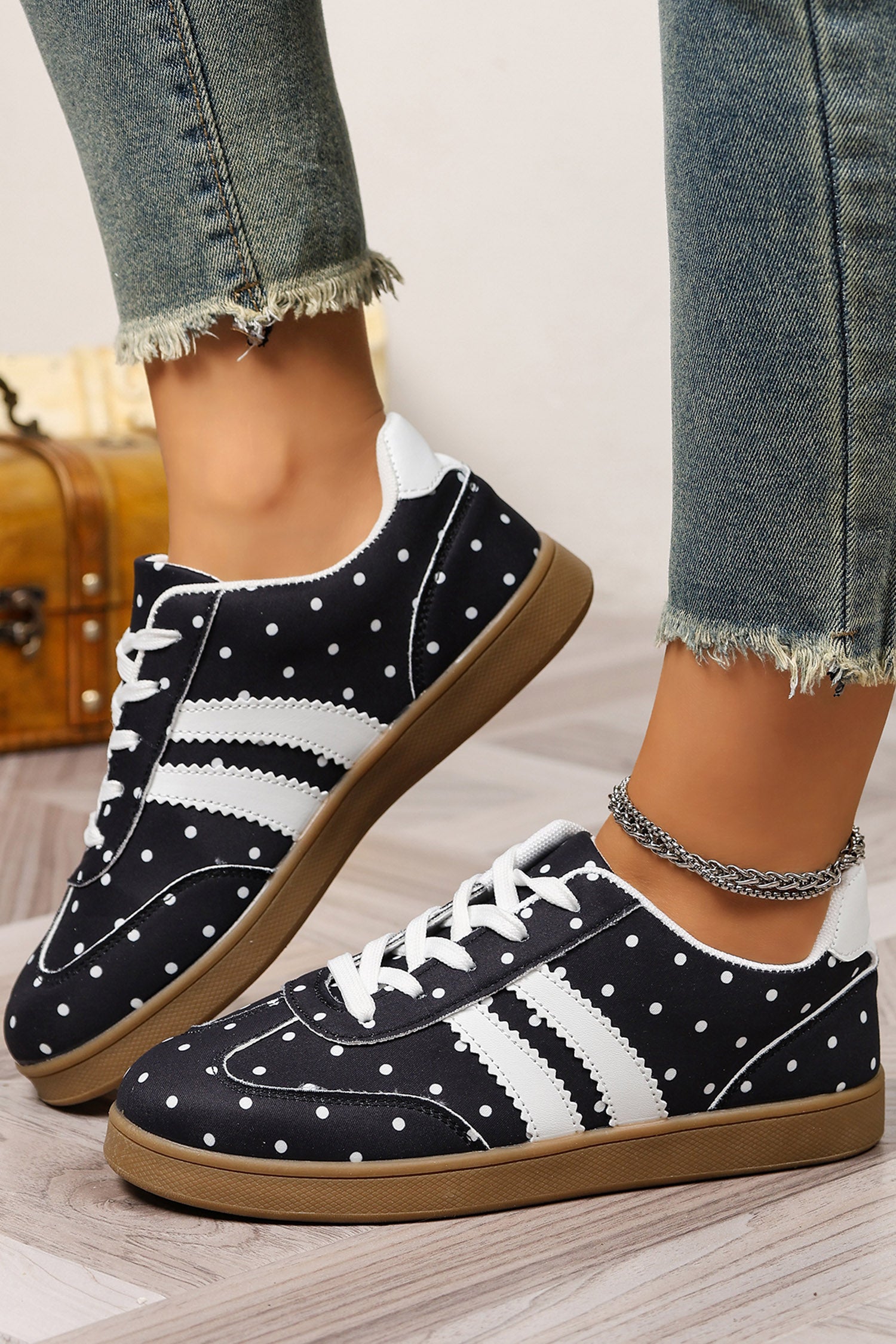Color black Polka Dot Print PU Leather Color Block Detail Casual Sneakers