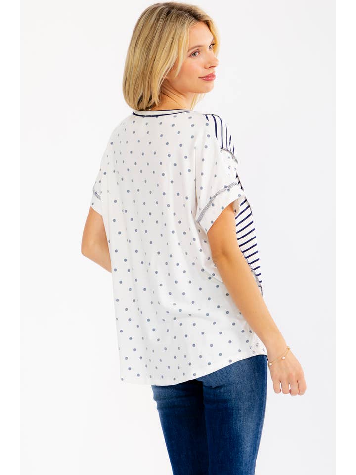 Mixed Print Contrast Henley Top T6373