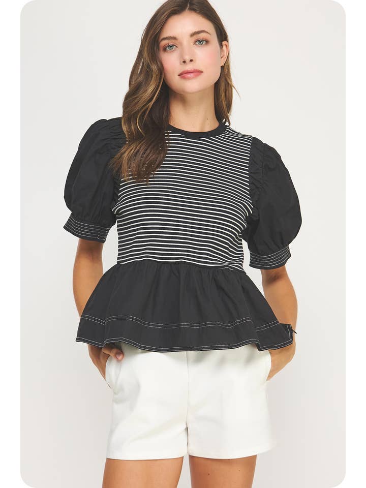 Poplin Contrast Striped Knit Top