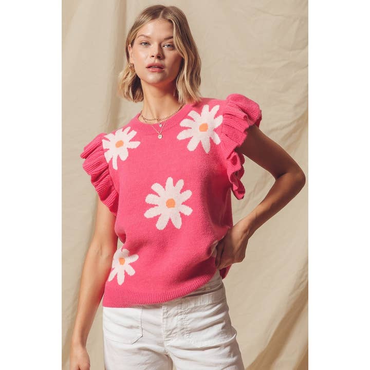 Daisy Flower Sweater Top with Flutter Sleeves