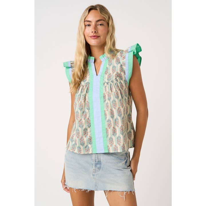 Contrast Striped Floral Print Ruffle Sleeve Top