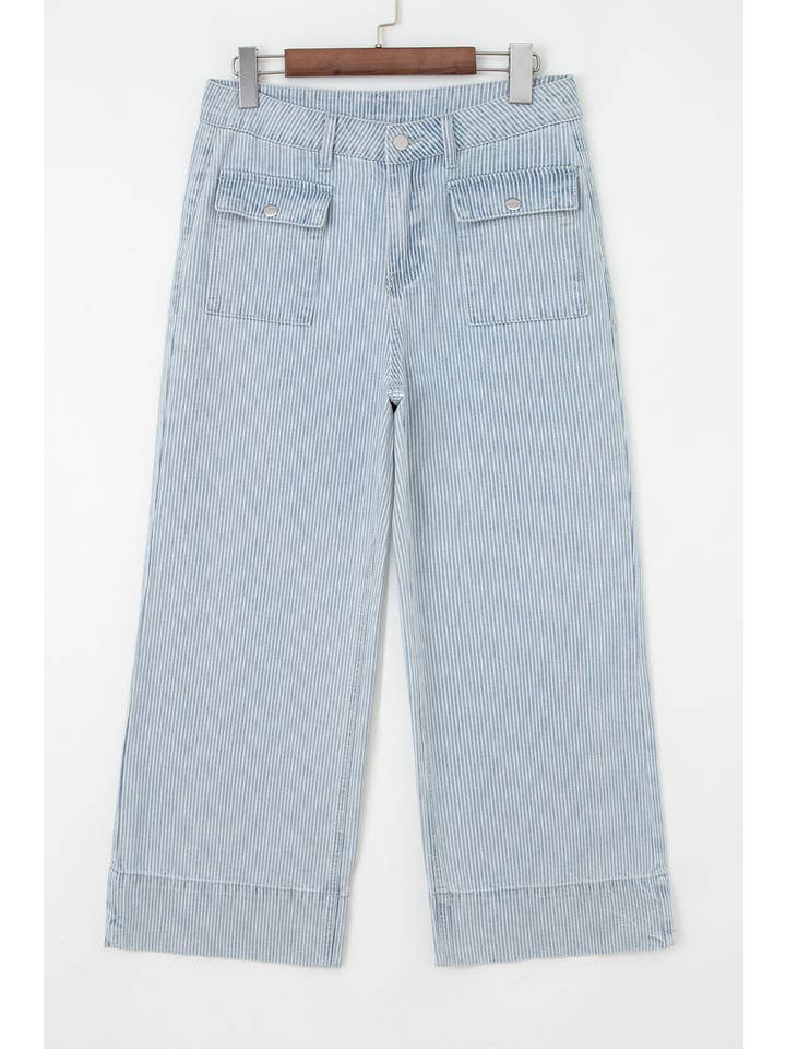 Stripe Denim Button Flap Pocket Cuffed Hem Jeans