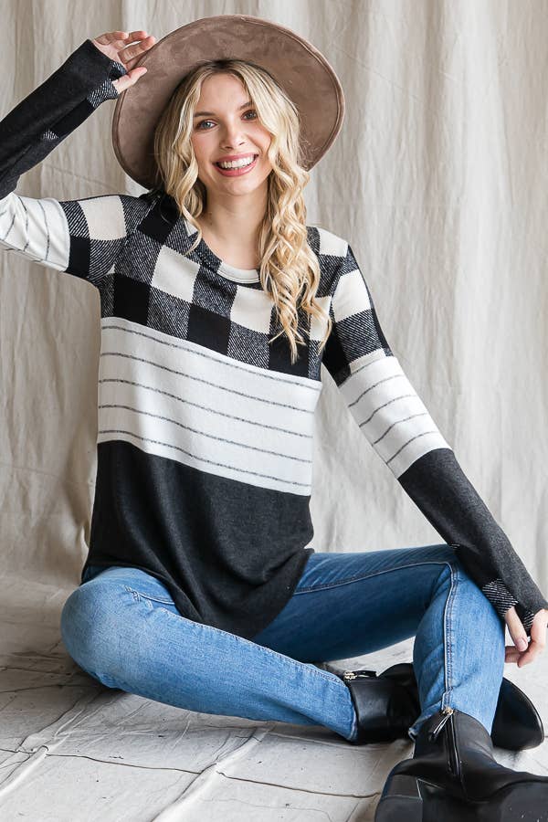 Cozy Color Block Plaid Striped Thumbhole Pullover TopT4423-1