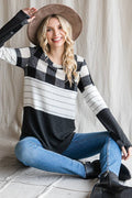 Cozy Color Block Plaid Striped Thumbhole Pullover TopT4423-1