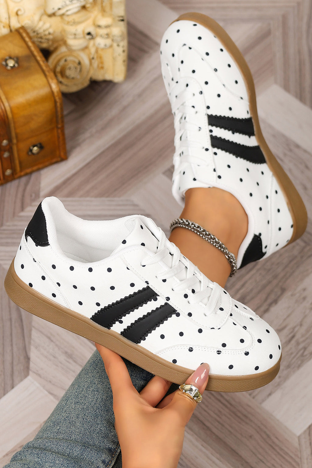 White Polka Dot Print PU Leather Color Block Detail Casual Sneakers