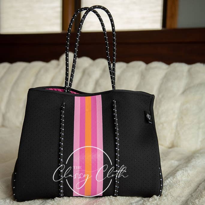 Neoprene Carryall Tote - Black W Hot Pink & Orange Stripe Rt