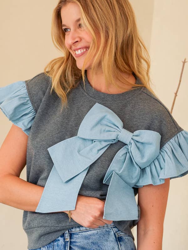 TR2049-01_B_WASHED Denim Mixed Bow Ribbon Short Sleeve Top