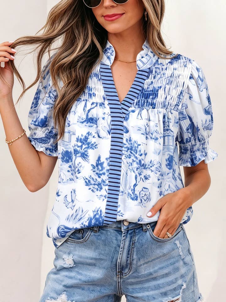 Blue Wild Animal Paradise Striped Detail V Neck Blouse