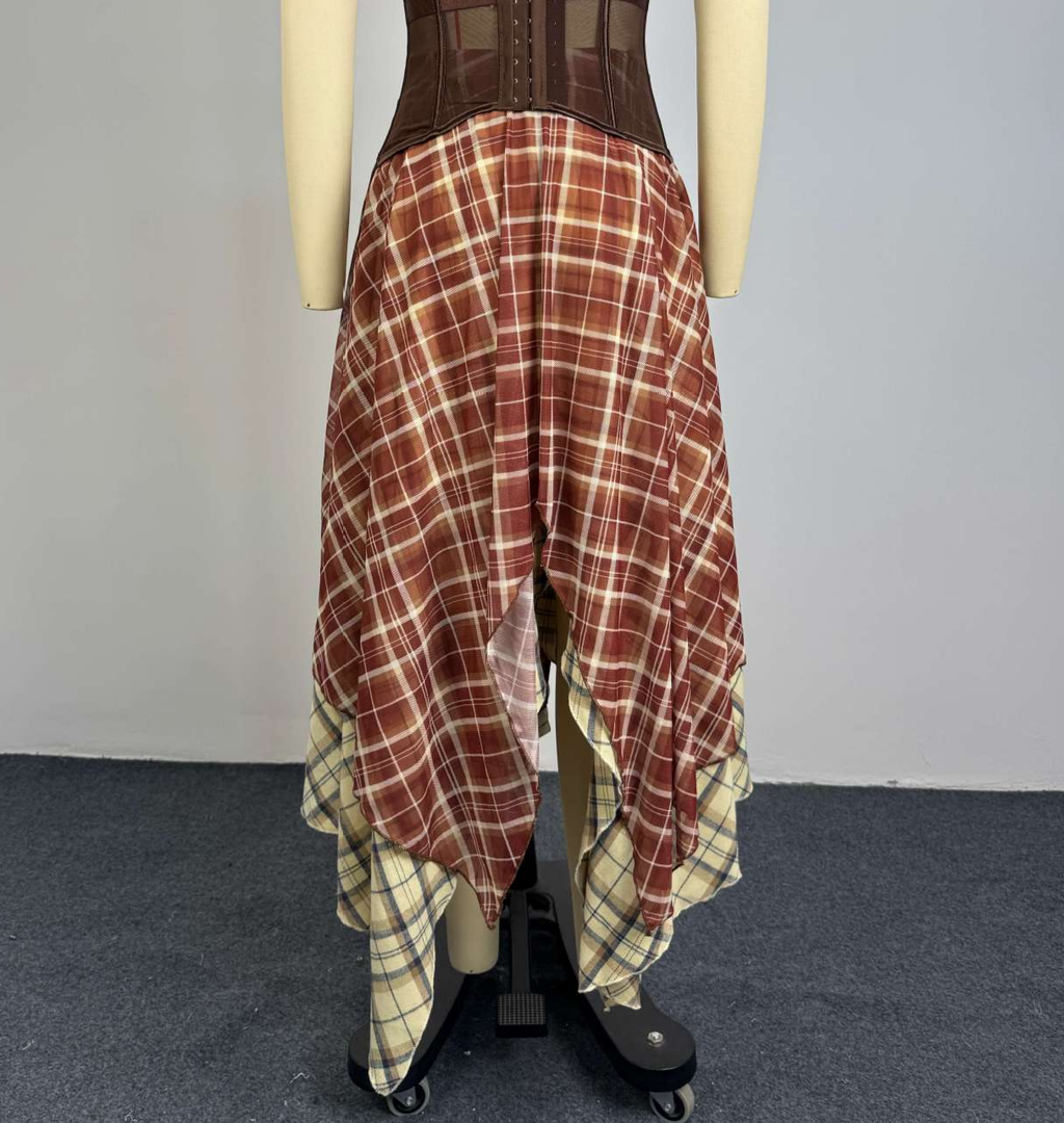 Preppy Plaid Maxi Skirt Dual-Layer Tartan Irregular Skirt