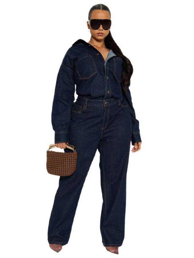 Women Fashion Denim Long Sleeves Jumpsuit
