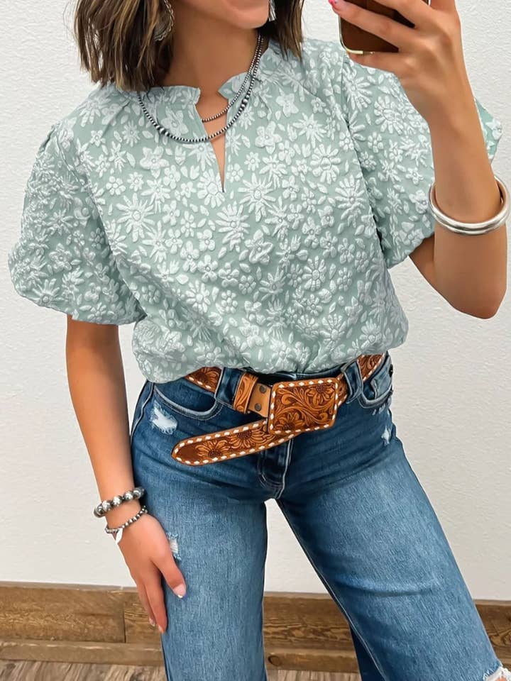 Floral Textured Jacquard Puff Sleeve Blouse