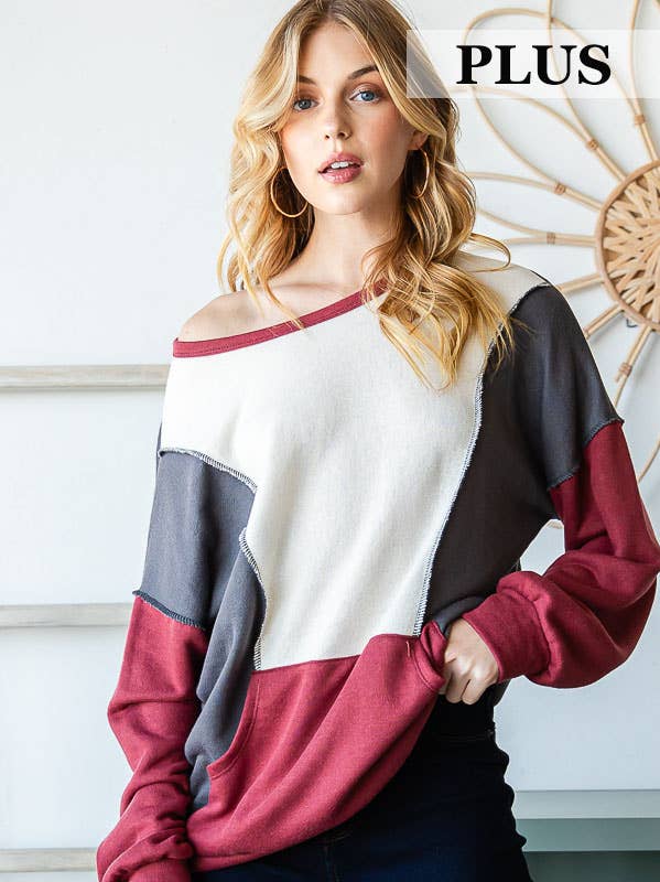 [Plus Size] Color Block Drop Shoulder Sweatshirt T5345XL