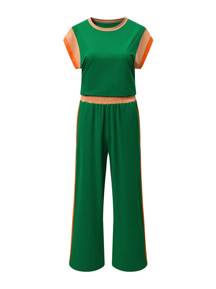 PRETTY BASH Colorblock Top & Wide Leg Pants Set