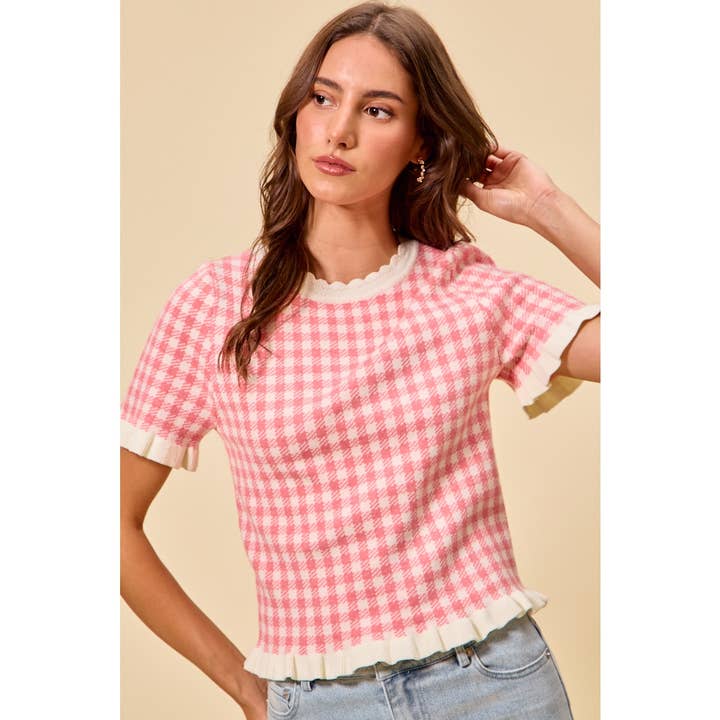 Gingham Knit Ruffled Short Sleeves Sweater Top