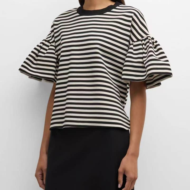 Crew Neck Loose Striped Bell Short Sleeve Top