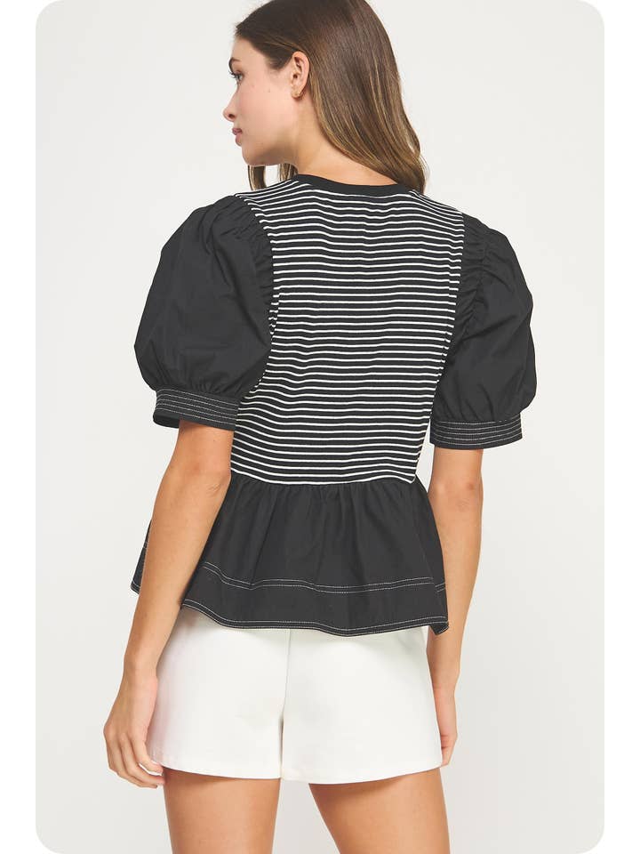 Poplin Contrast Striped Knit Top