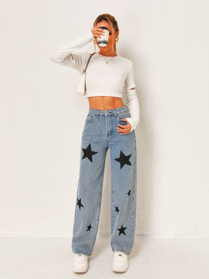 Women's Star Print Wide Trendy Casual Leg Jeans